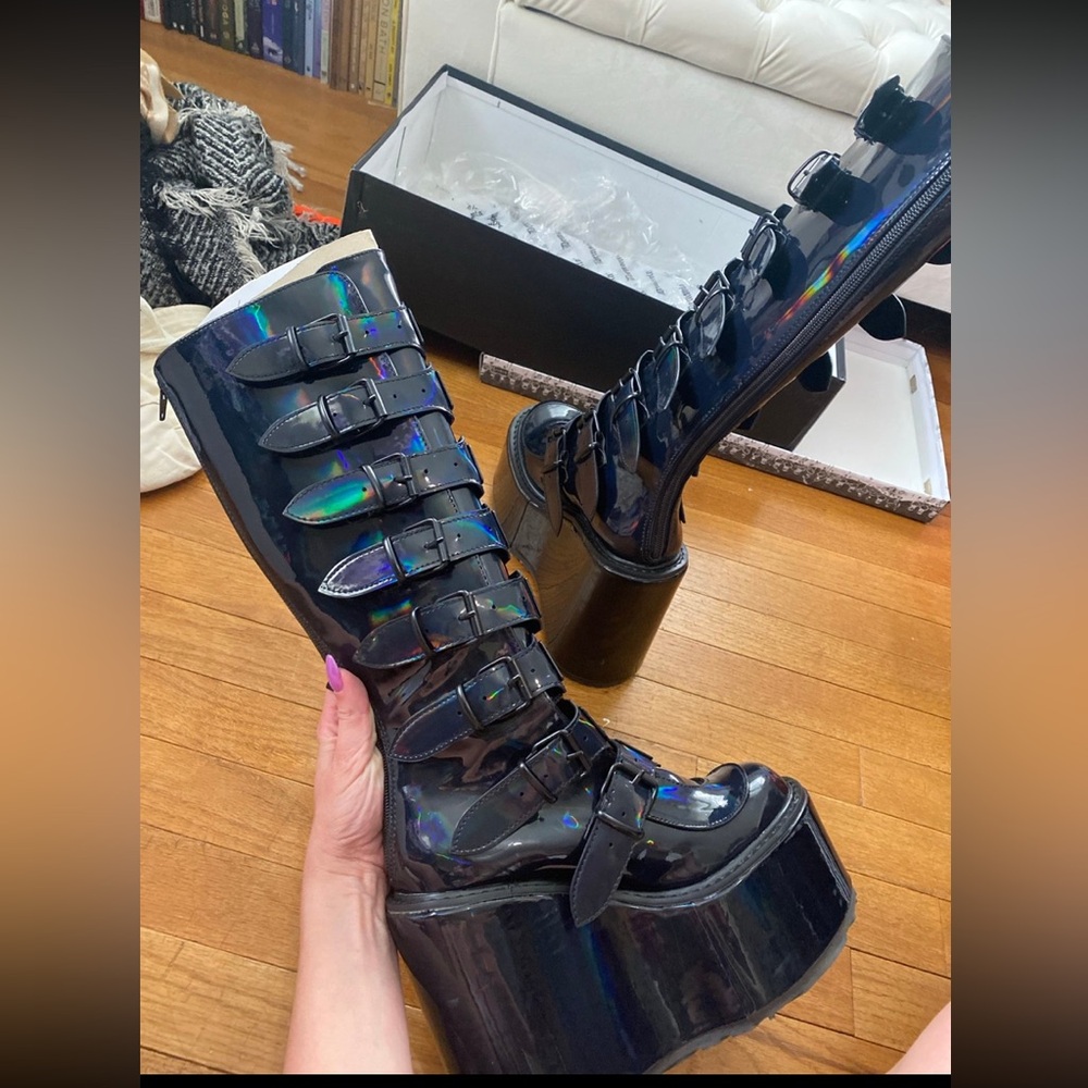 Demonia Swing-815 Black Holographic Patent Boots - Picture 6 of 8